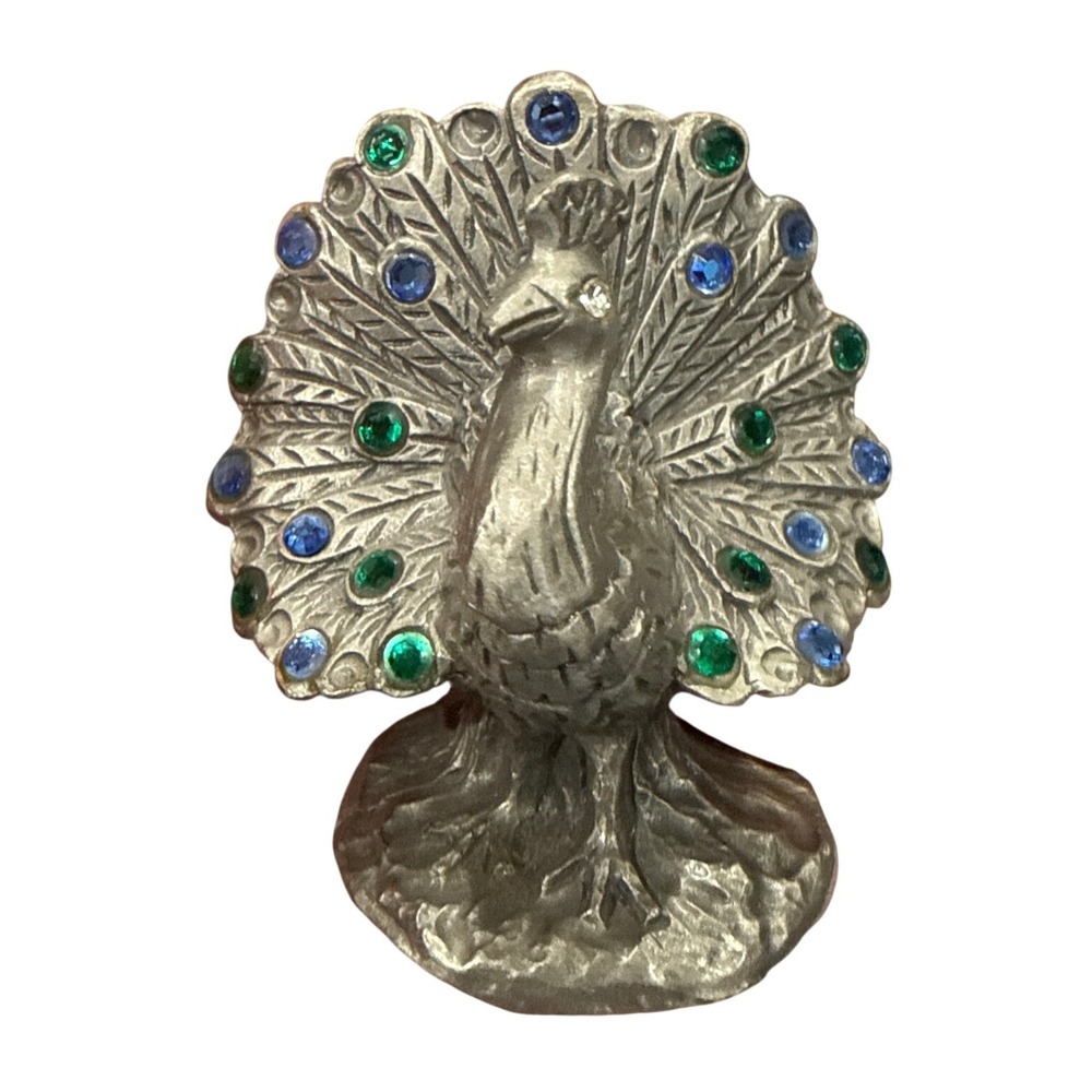 Vintage Pewter Peacock Figurine Miniature Blue Green Rhinestone Jewel Tail
